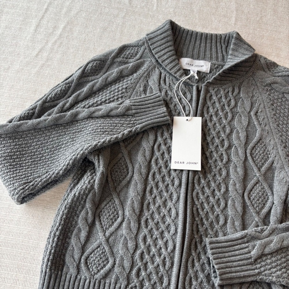Dear John Heather Grey Cable Knit Full Zip Mock Neck Cardigan Sweater XS NEW
